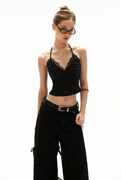 Black Stardust Lace Halter Ruched Cami Top