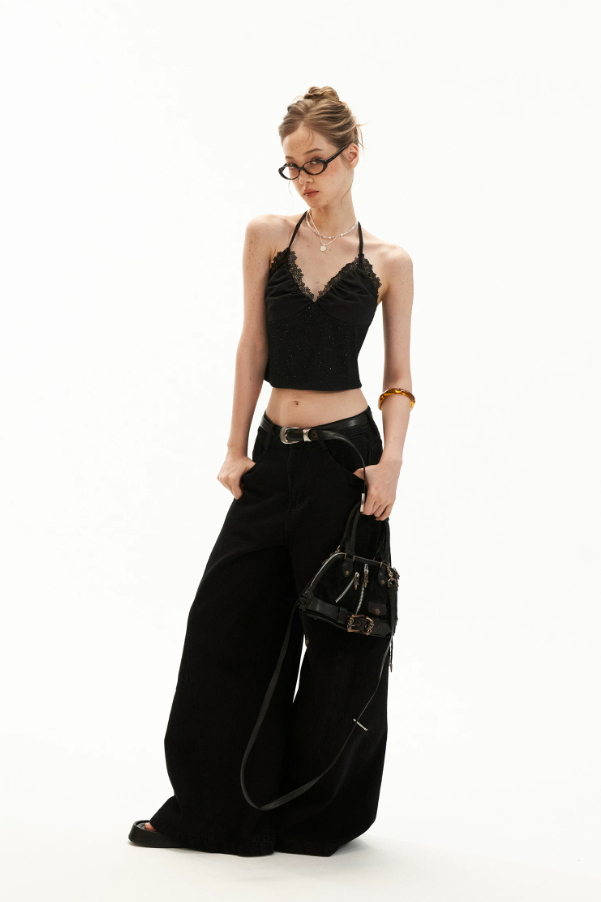 Black Stardust Lace Halter Ruched Cami Top