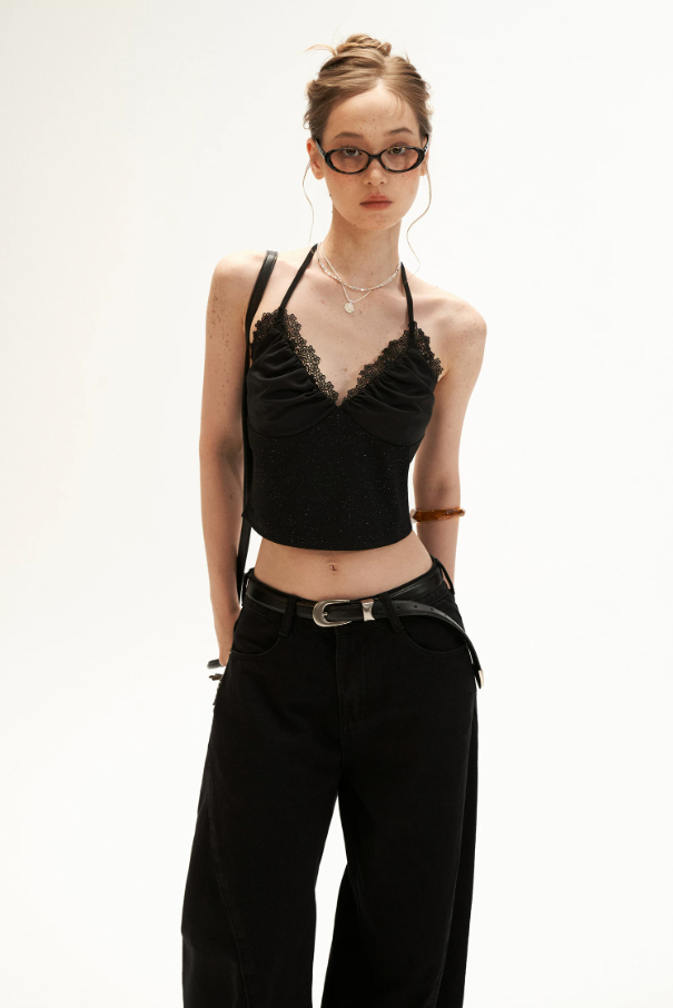 Black Stardust Lace Halter Ruched Cami Top