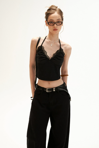 Black Stardust Lace Halter Ruched Cami Top