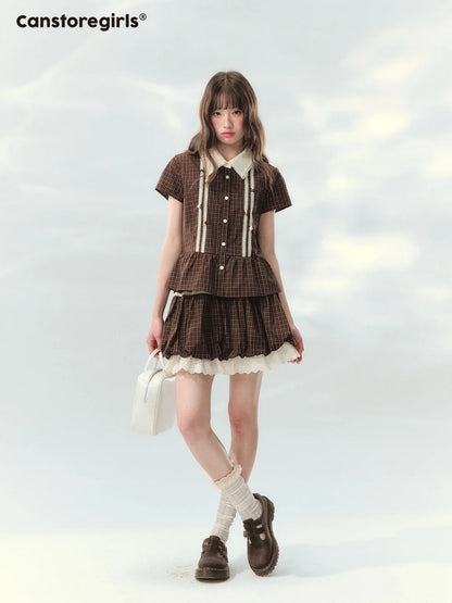 “Caramel Plaid Memoir” Brown Plaid Skirt Set LL2026171