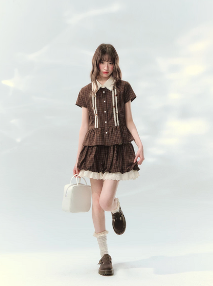 “Caramel Plaid Memoir” Brown Plaid Skirt Set LL2026171