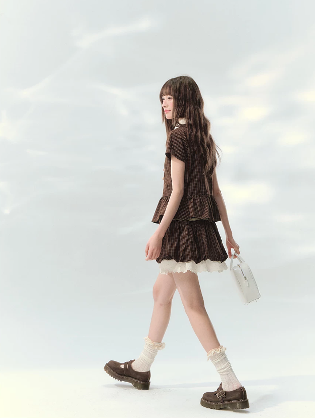 “Caramel Plaid Memoir” Brown Plaid Skirt Set LL2026171