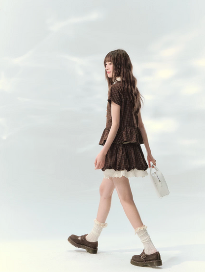 “Caramel Plaid Memoir” Brown Plaid Skirt Set LL2026171