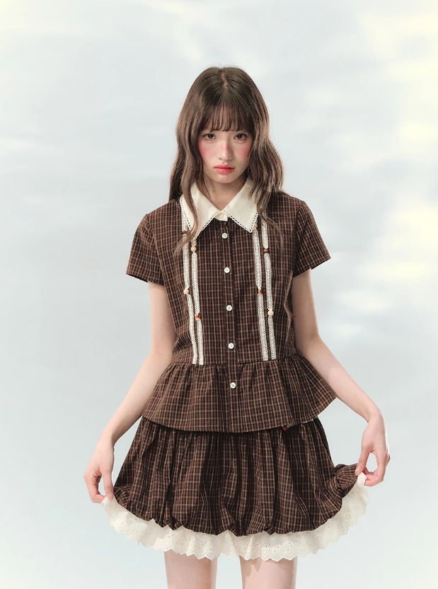 “Caramel Plaid Memoir” Brown Plaid Skirt Set LL2026171