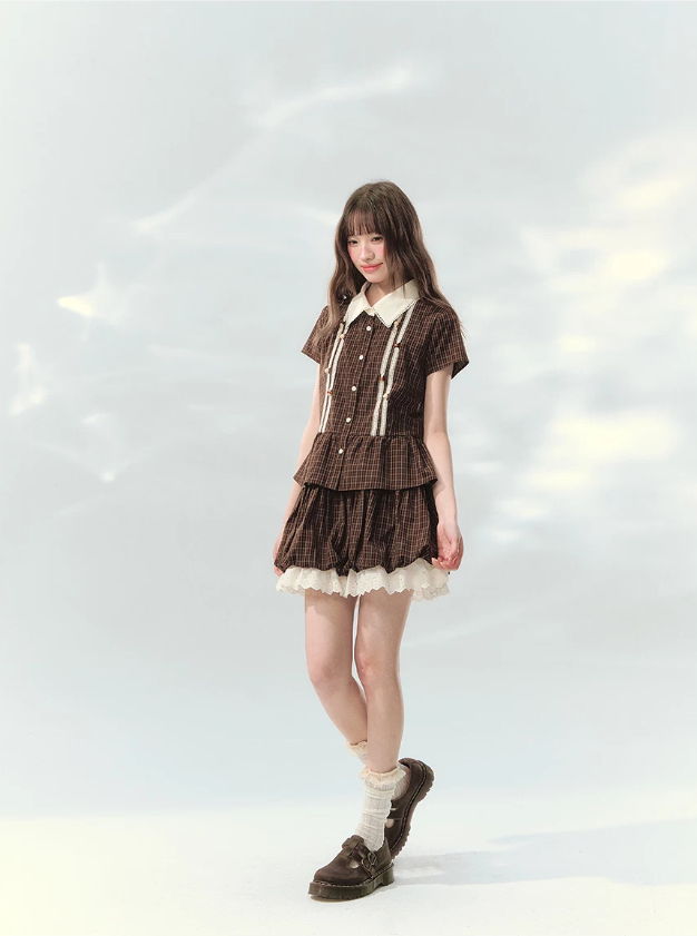 “Caramel Plaid Memoir” Brown Plaid Skirt Set LL2026171