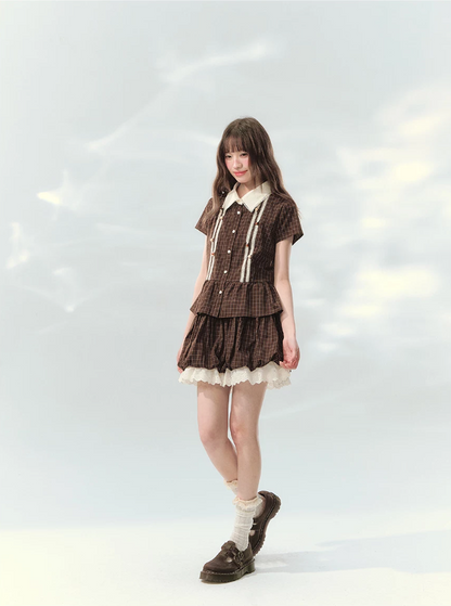 “Caramel Plaid Memoir” Brown Plaid Skirt Set LL2026171
