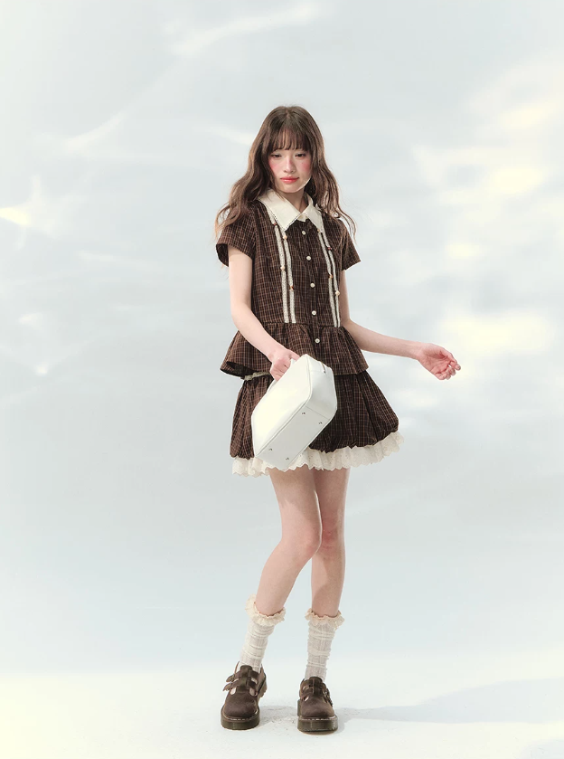 “Caramel Plaid Memoir” Brown Plaid Skirt Set LL2026171