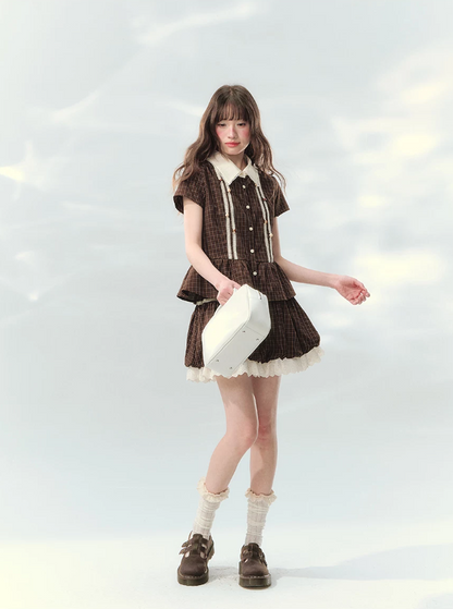 “Caramel Plaid Memoir” Brown Plaid Skirt Set LL2026171