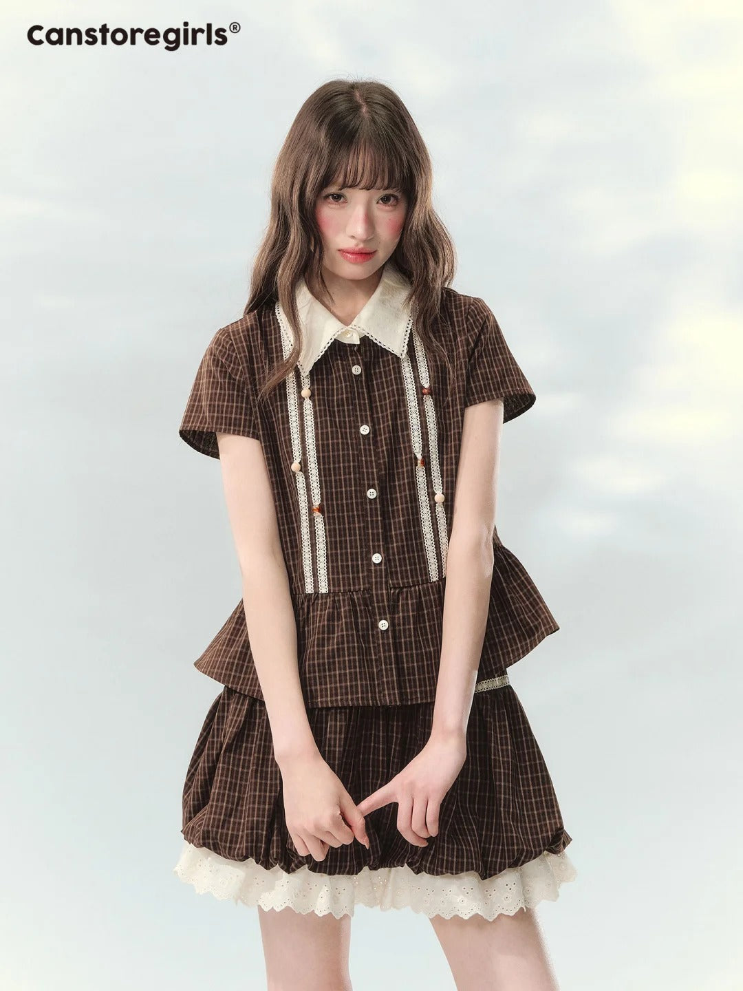 “Caramel Plaid Memoir” Brown Plaid Skirt Set LL2026171