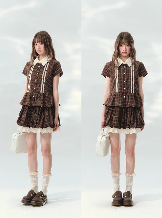 “Caramel Plaid Memoir” Brown Plaid Skirt Set LL2026171