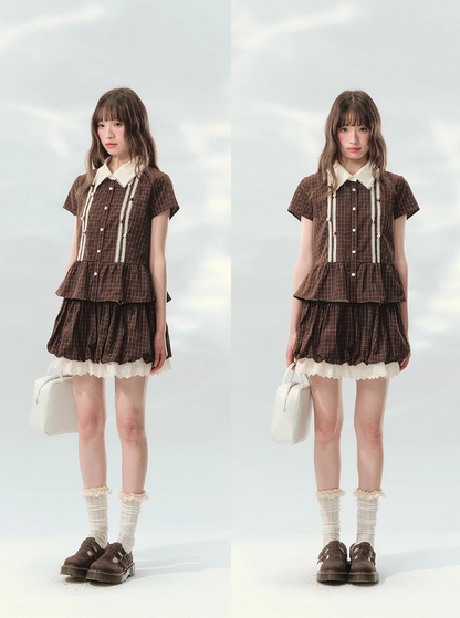 “Caramel Plaid Memoir” Brown Plaid Skirt Set LL2026171