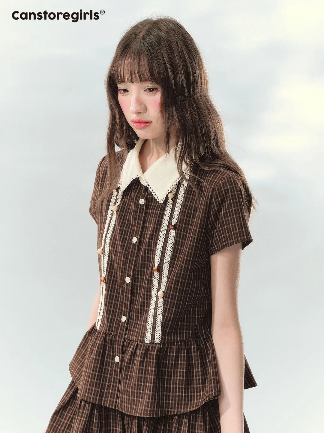 “Caramel Plaid Memoir” Brown Plaid Skirt Set LL2026171