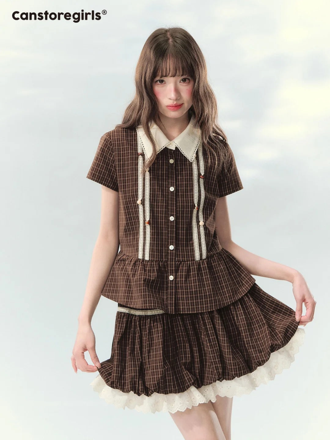 “Caramel Plaid Memoir” Brown Plaid Skirt Set LL2026171