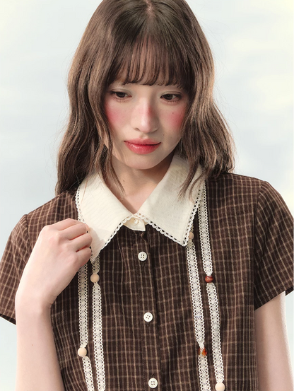 “Caramel Plaid Memoir” Brown Plaid Skirt Set LL2026171