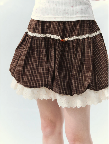 “Caramel Plaid Memoir” Brown Plaid Skirt Set LL2026171