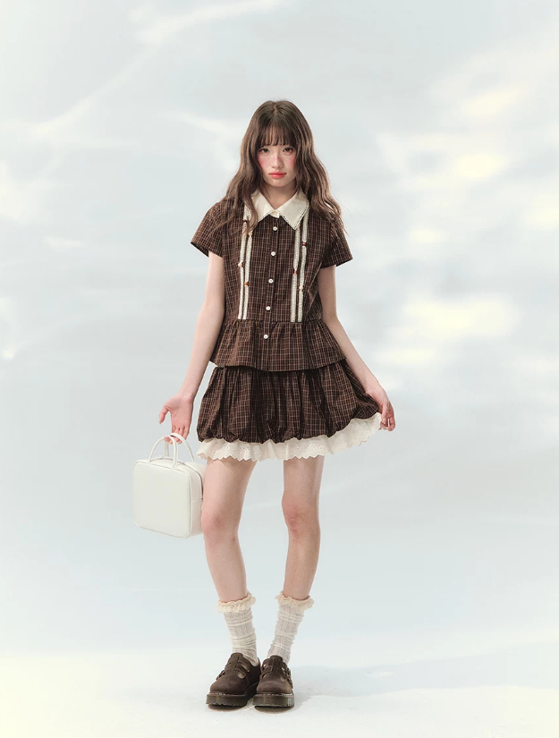 “Caramel Plaid Memoir” Brown Plaid Skirt Set LL2026171