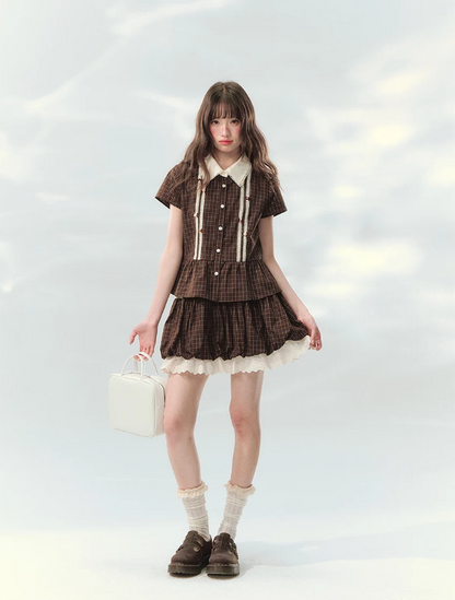 “Caramel Plaid Memoir” Brown Plaid Skirt Set LL2026171