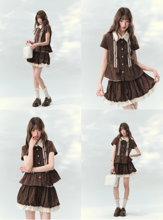 “Caramel Plaid Memoir” Brown Plaid Skirt Set LL2026171