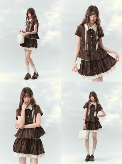 “Caramel Plaid Memoir” Brown Plaid Skirt Set LL2026171