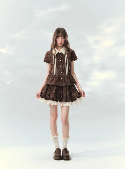 “Caramel Plaid Memoir” Brown Plaid Skirt Set LL2026171