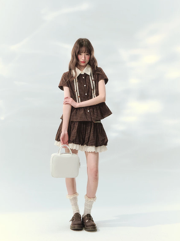 “Caramel Plaid Memoir” Brown Plaid Skirt Set LL2026171