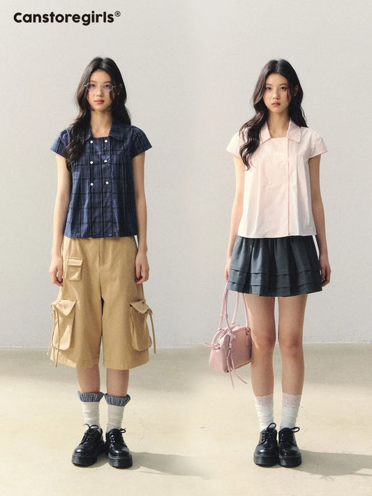 Preppy Plaid Double-Breasted Puff Sleeve Shirt LL2026007