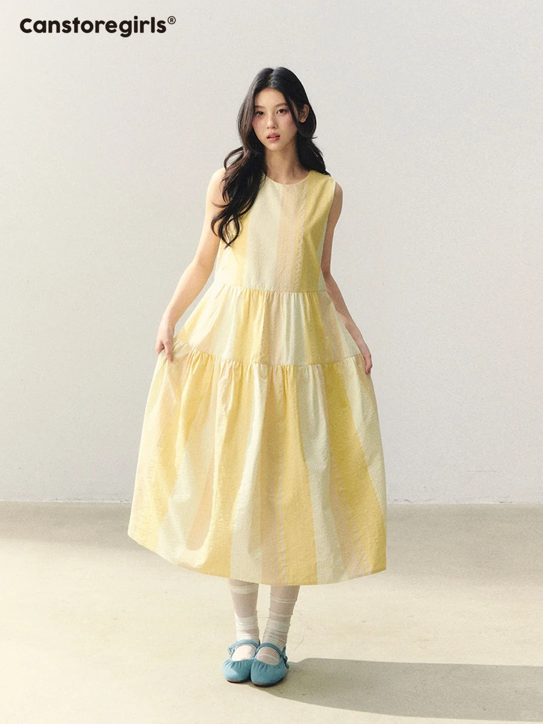 "Lemon Pink Peach" Fruit Stripe Tiered Dress LL2026013