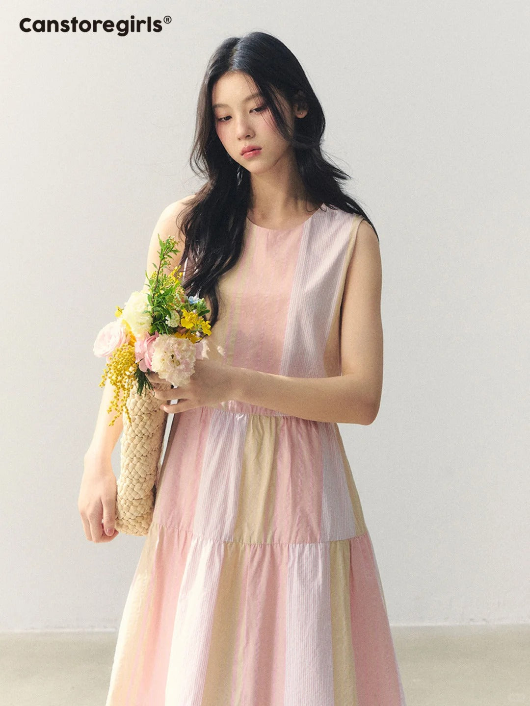 "Lemon Pink Peach" Fruit Stripe Tiered Dress LL2026013