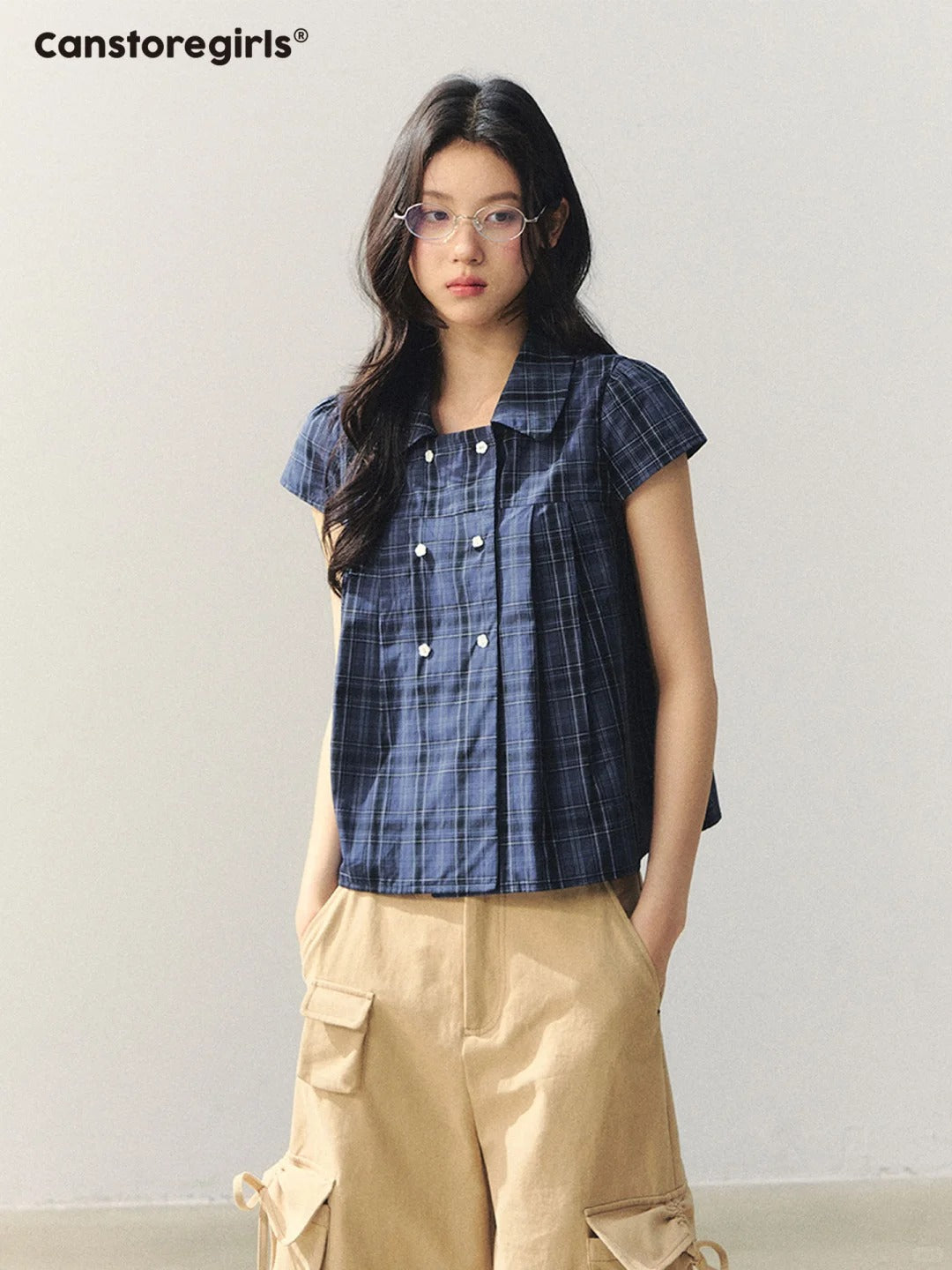 Preppy Plaid Double-Breasted Puff Sleeve Shirt LL2026007