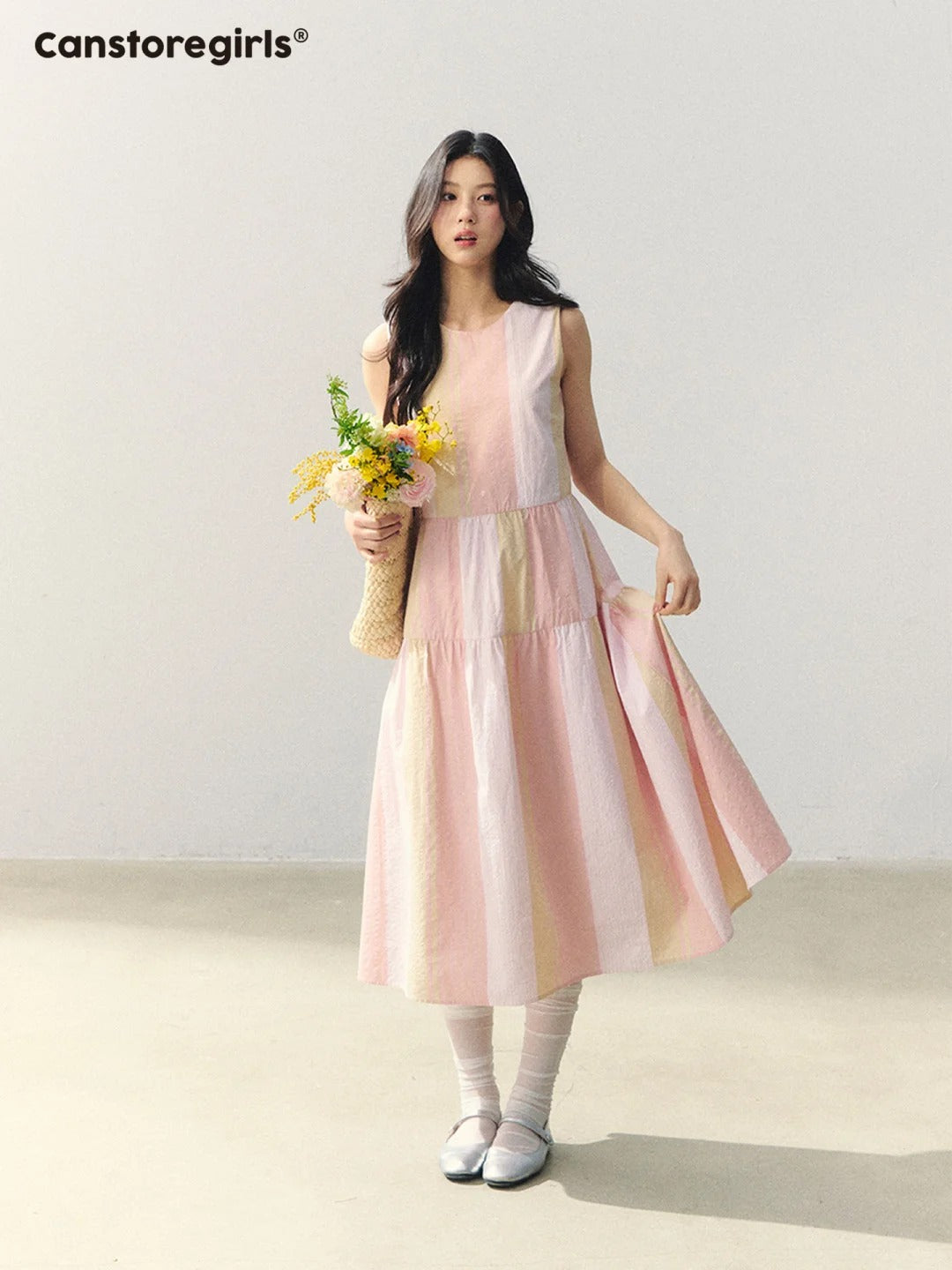 "Lemon Pink Peach" Fruit Stripe Tiered Dress LL2026013