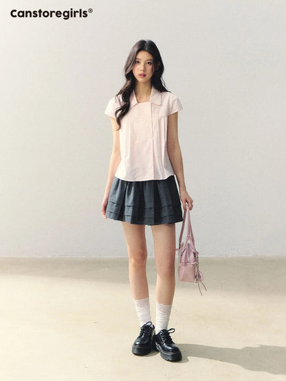 Preppy Plaid Double-Breasted Puff Sleeve Shirt LL2026007