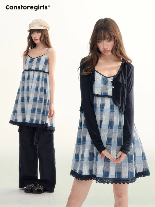 Blue Plaid Lace Trim Dress & Navy Cardigan Set  LL2026078