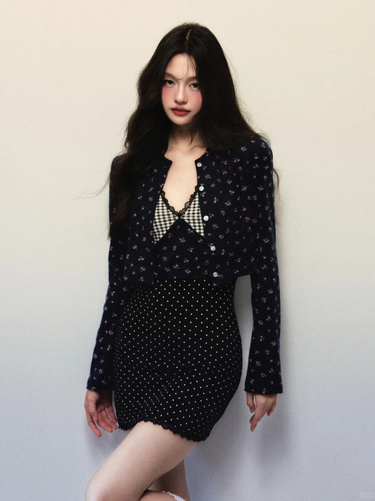 1P - “Lovesick Girls” Lace Harmony Knit Set – Floral Cardigan & Plaid Dot Dress