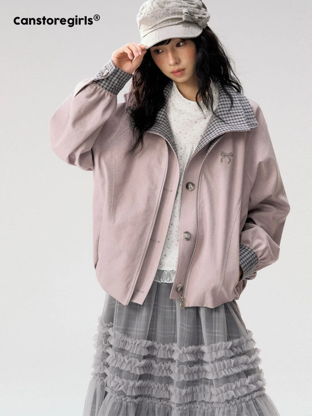 [CAN] "Lavender Plaid Notes" Dusty Purple Plaid Double Collar Cropped Jacket