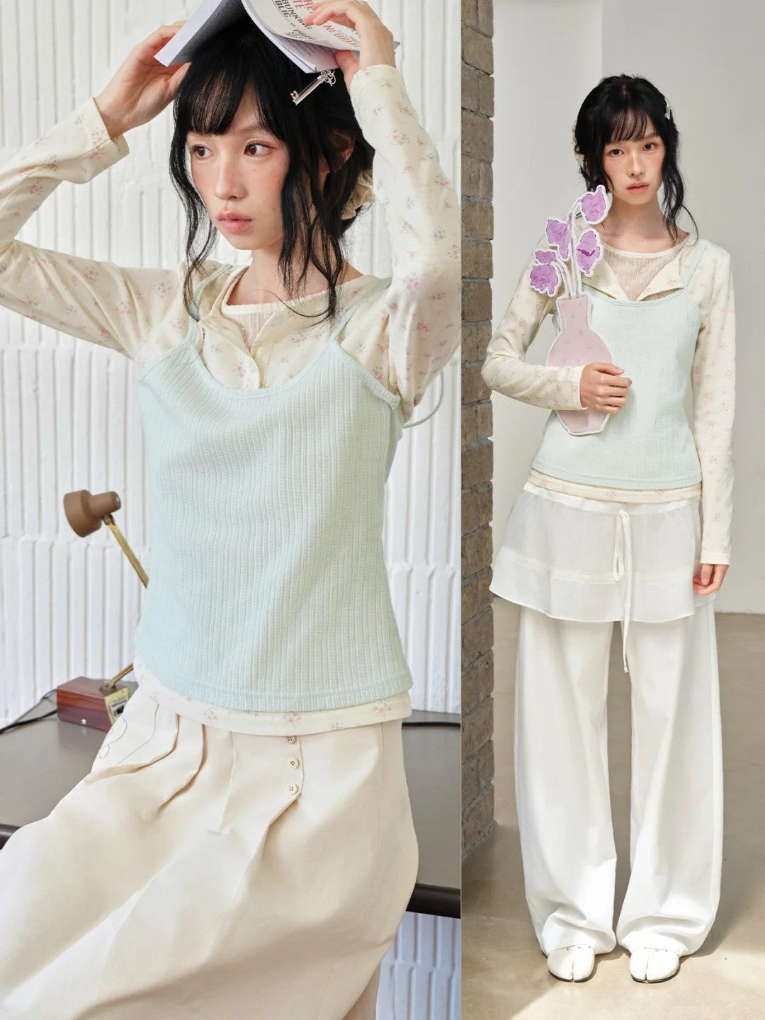DAILY ARTIST - Mint Green Floral Layered Henley Lace Top
