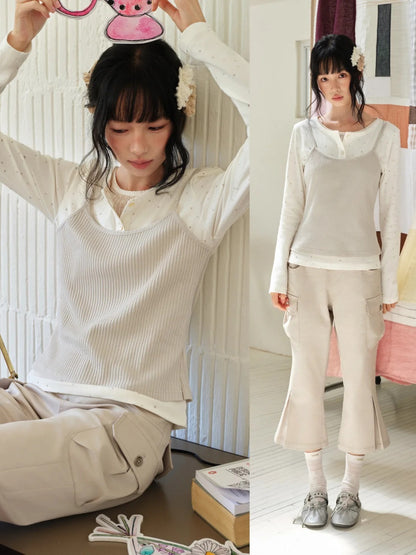 DAILY ARTIST - Cream Polka Dot Layered Henley Lace Top