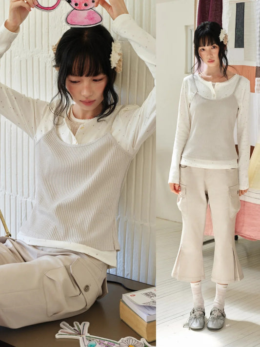 DAILY ARTIST - Cream Polka Dot Layered Henley Lace Top