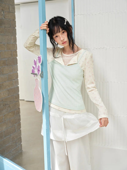 DAILY ARTIST - Mint Green Floral Layered Henley Lace Top