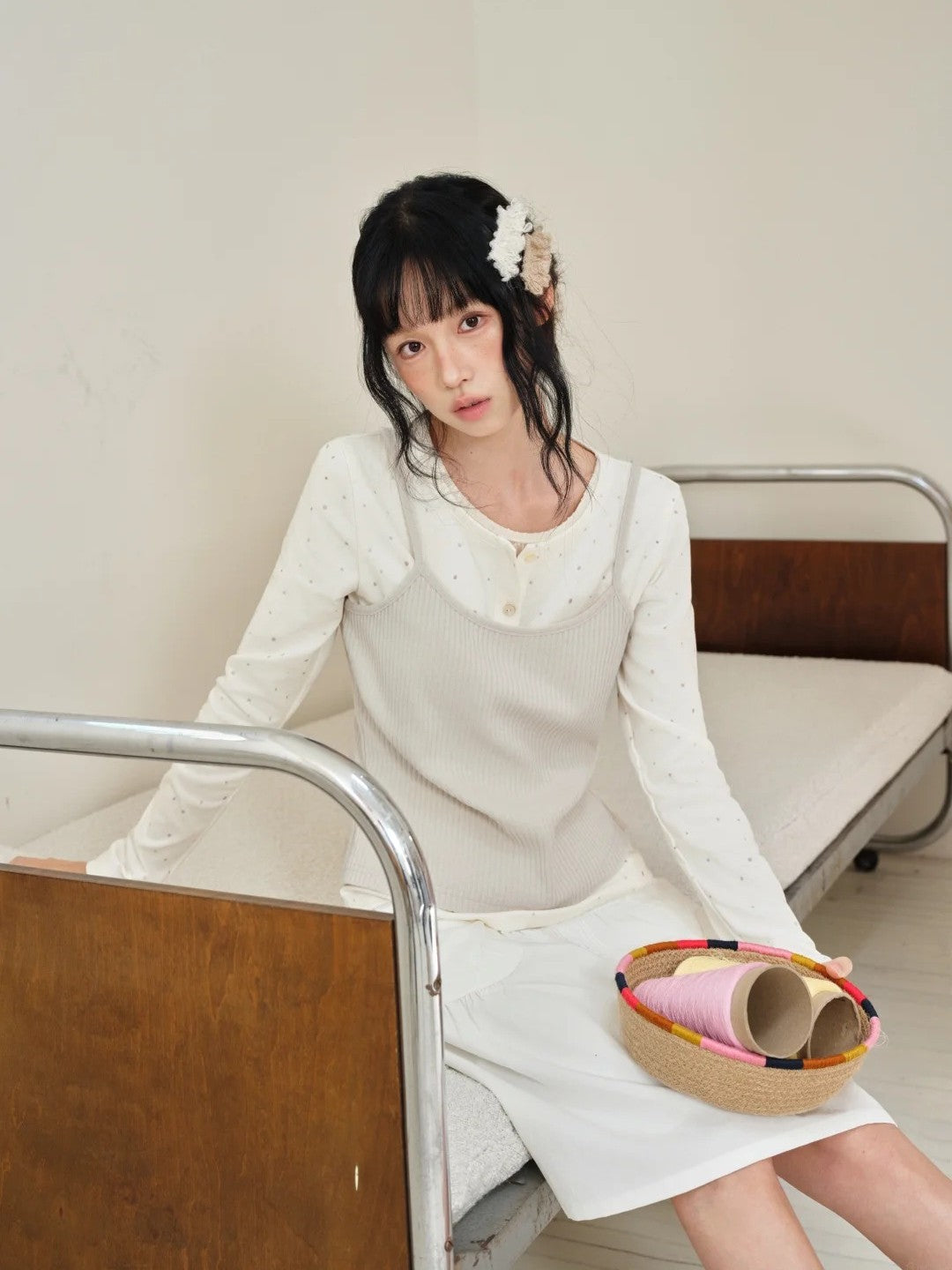 DAILY ARTIST - Cream Polka Dot Layered Henley Lace Top