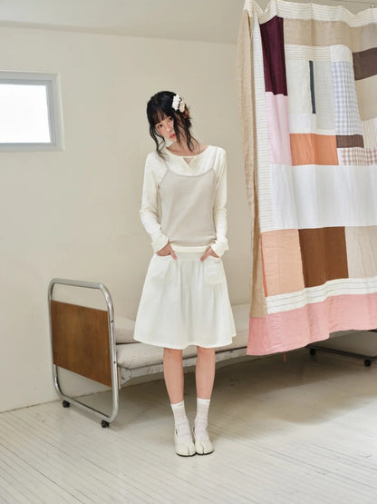 DAILY ARTIST - Cream Polka Dot Layered Henley Lace Top