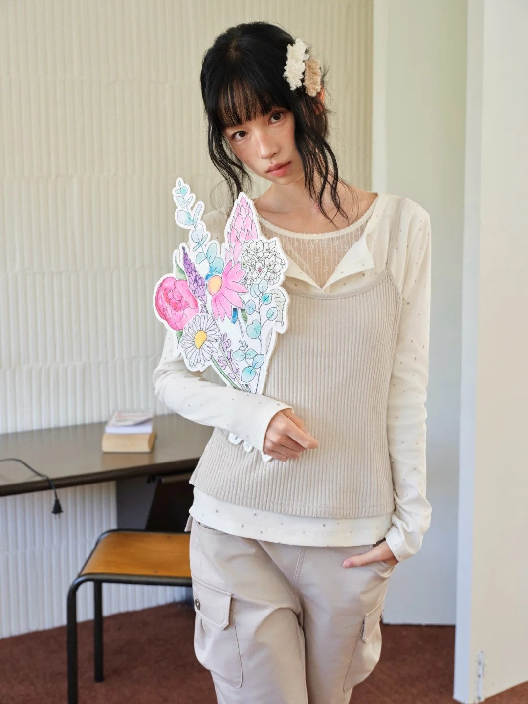 DAILY ARTIST - Cream Polka Dot Layered Henley Lace Top
