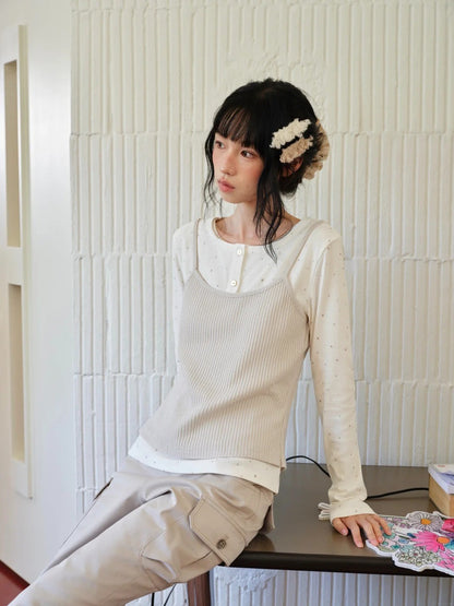 DAILY ARTIST - Cream Polka Dot Layered Henley Lace Top