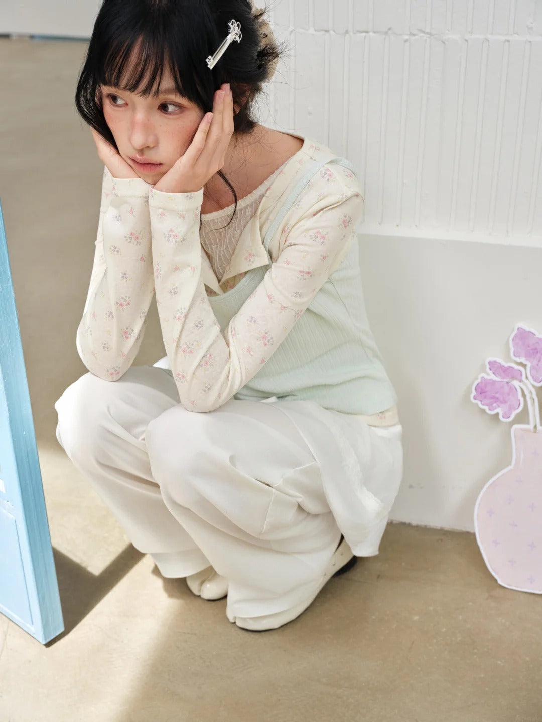 DAILY ARTIST - Mint Green Floral Layered Henley Lace Top