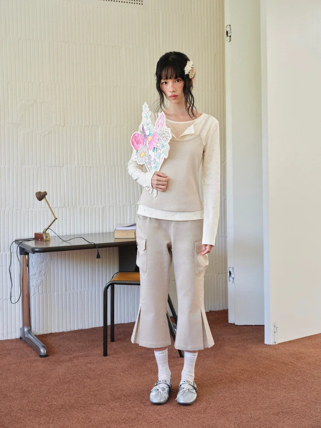 DAILY ARTIST - Cream Polka Dot Layered Henley Lace Top