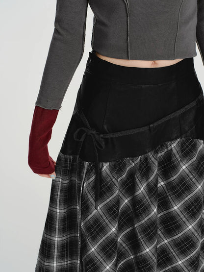 "莱茵河畔" Contrast Plaid Knit Wool Midi Skirt with Ruffle Hem (Black)