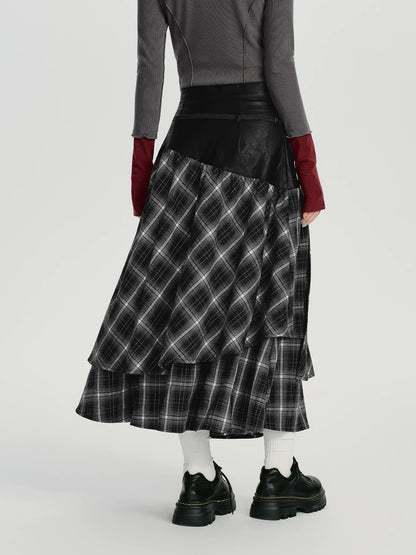 "莱茵河畔" Contrast Plaid Knit Wool Midi Skirt with Ruffle Hem (Black)