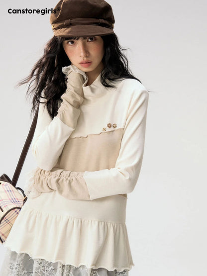 [CAN] "Oatmeal Harmony" Ivory Taupe Ruffle Lace Layered Knit Top