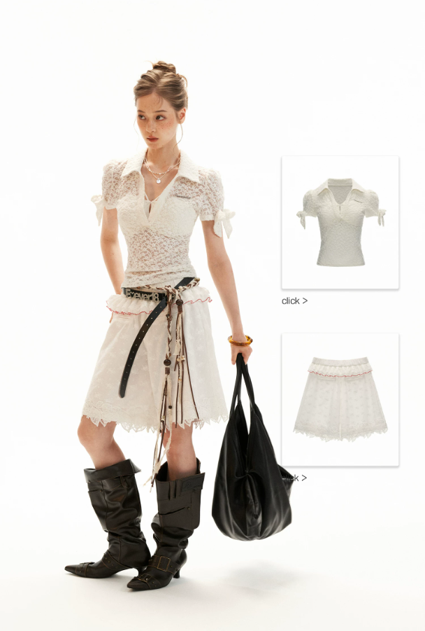 White Lace Bow Puff Sleeve Layered Polo Top