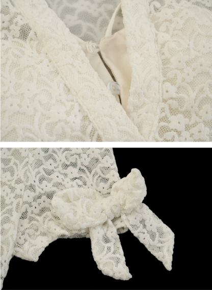 White Lace Bow Puff Sleeve Layered Polo Top